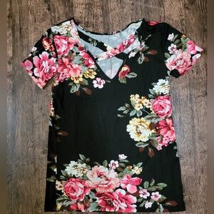 NWOT Black Floral Criss-Cross Front Detail Women's Top